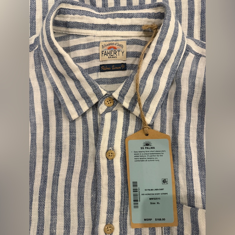 Faherty - Short-Sleeve Palma Linen Shirt - Horizon Ivory Stripe - XL